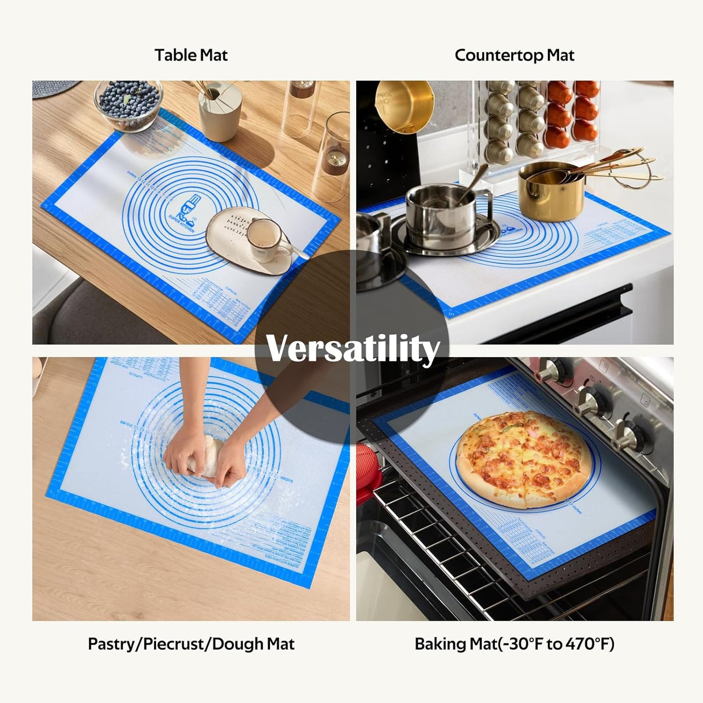Nonstick Silicone Pastry Baking Mat Large with Measurements 16''By 24'' for Silicone Baking Mat, Counter Mat, Dough Rolling Mat/Pie Crust Mat By Folksy Super Kitchen(16×24, Blue)
