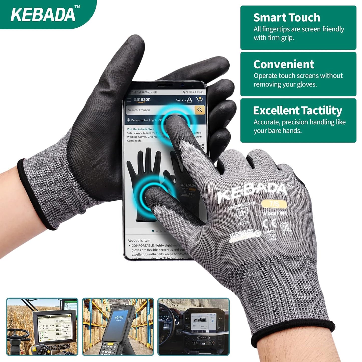 Kebada W1 Work Gloves for Men and Women, Touchscreen PU Coated Gloves with Grip, 50 Pairs Bulk Pack, Ideal for Warehouse Package Handling, Construction, Gardening, Gray XX-Large