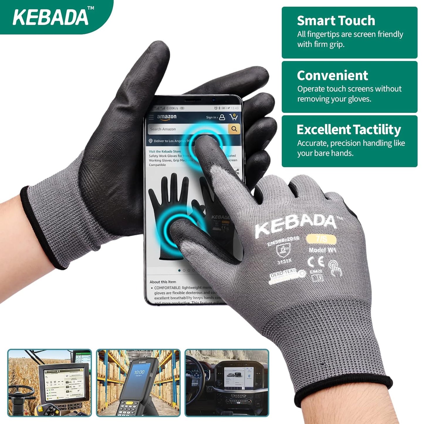 Kebada W1 Work Gloves for Men and Women, PU Coated Safety Gloves with Grip, Touchscreen, Ideal for Warehouse Package Handling, Construction, Gardening, 12 Pairs Gray Large