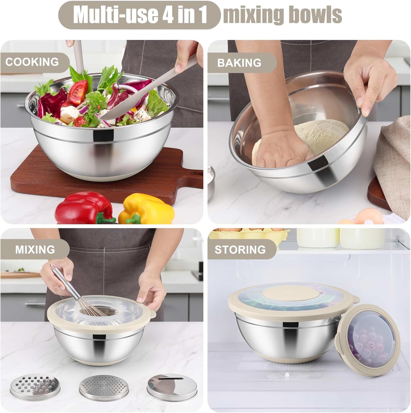 E-far Mixing Bowls with Lids Set, 15PCS Stainless Steel Mixing Nesting Bowl with Colander & 3 Metal Grater for Kitchen Prep/Baking/Storage, Non-Slip Bottom & Airtight Lid, 4.6, 3, 1.5, 1, 0.7QT, Khaki