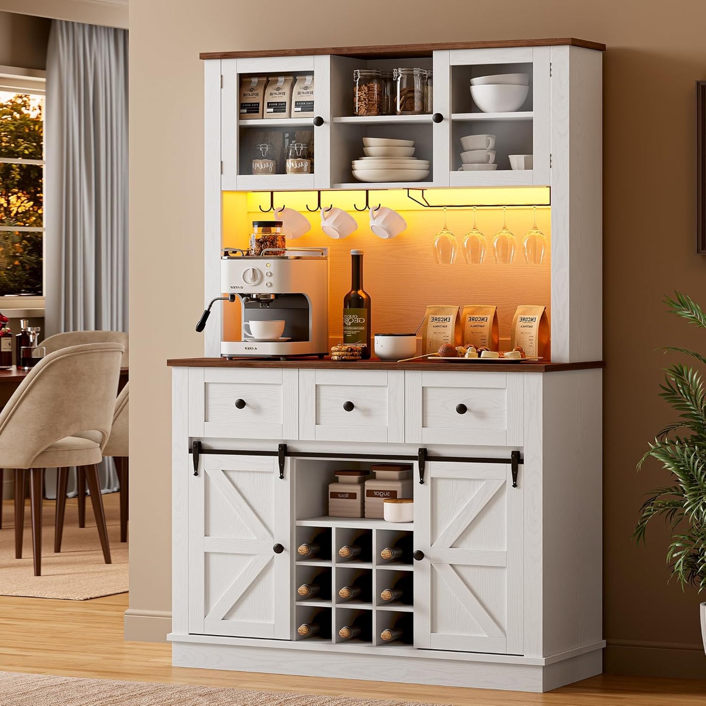 IRONCK 72'' Coffee Bar Cabinet with Storage, Large Kitchen Hutch with Power Outlet & LED Light, Tall Bar Cabinets with 3 Drawers & Wine Glass Rack, Sliding Barn Door China Cabinet for Home, White
