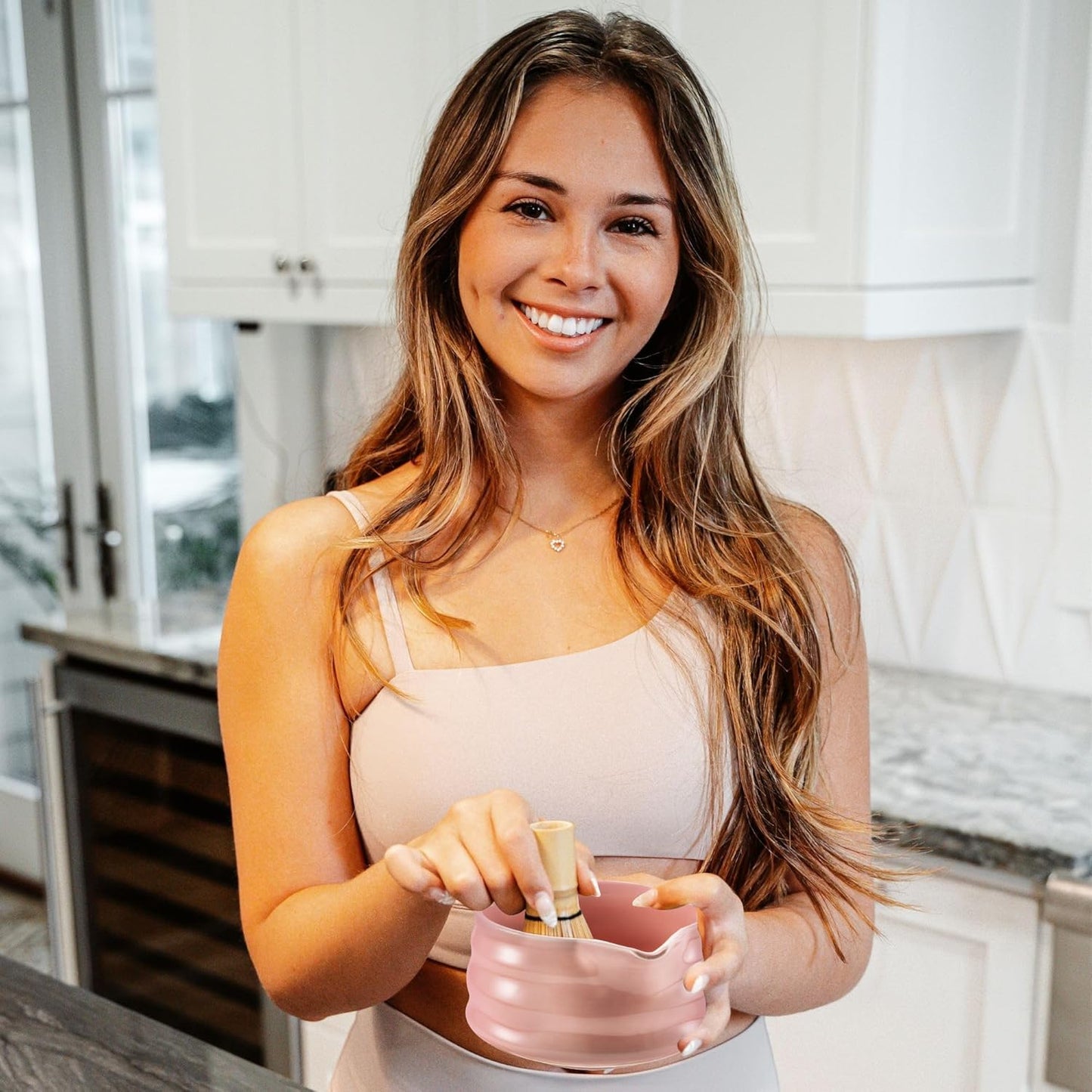 Marce Matcha Whisk Set- Matcha Set includes Matcha Whisk and Bowl with Spout, Sifter, Holder and Scoop- The Perfect Bamboo Whisk for Matcha Tea (Pink)