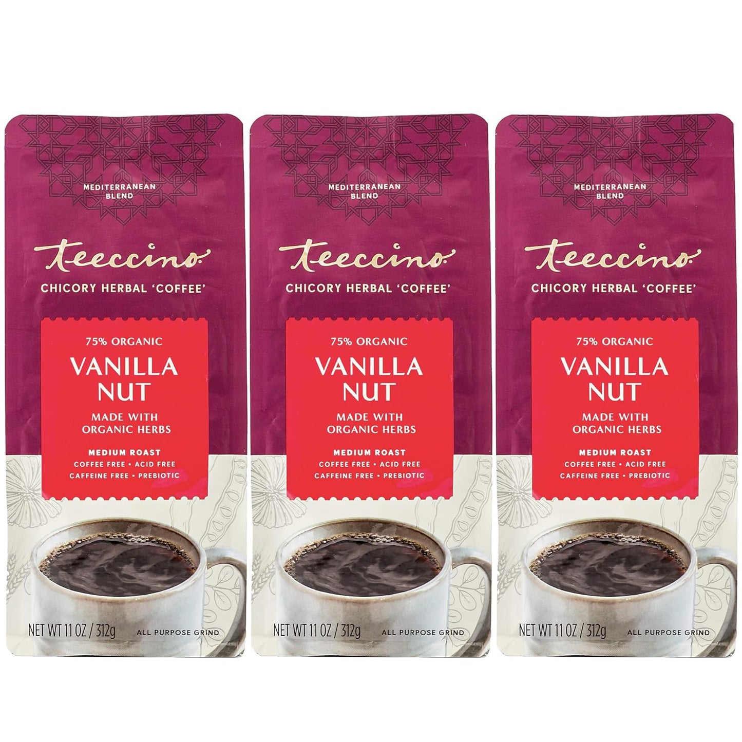 Teeccino Vanilla Nut Chicory Coffee Alternative - 11 Ounce - Ground Herbal Coffee That’s Prebiotic, Caffeine Free & Acid Free, Medium Roast, (Pack of 3)