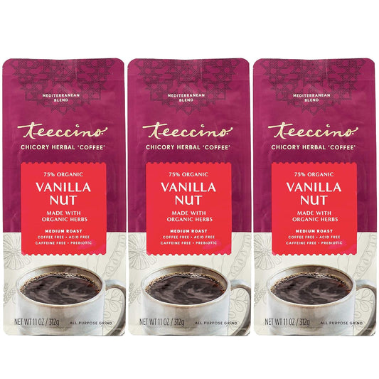 Teeccino Vanilla Nut Chicory Coffee Alternative - 11 Ounce - Ground Herbal Coffee That’s Prebiotic, Caffeine Free & Acid Free, Medium Roast, (Pack of 3)