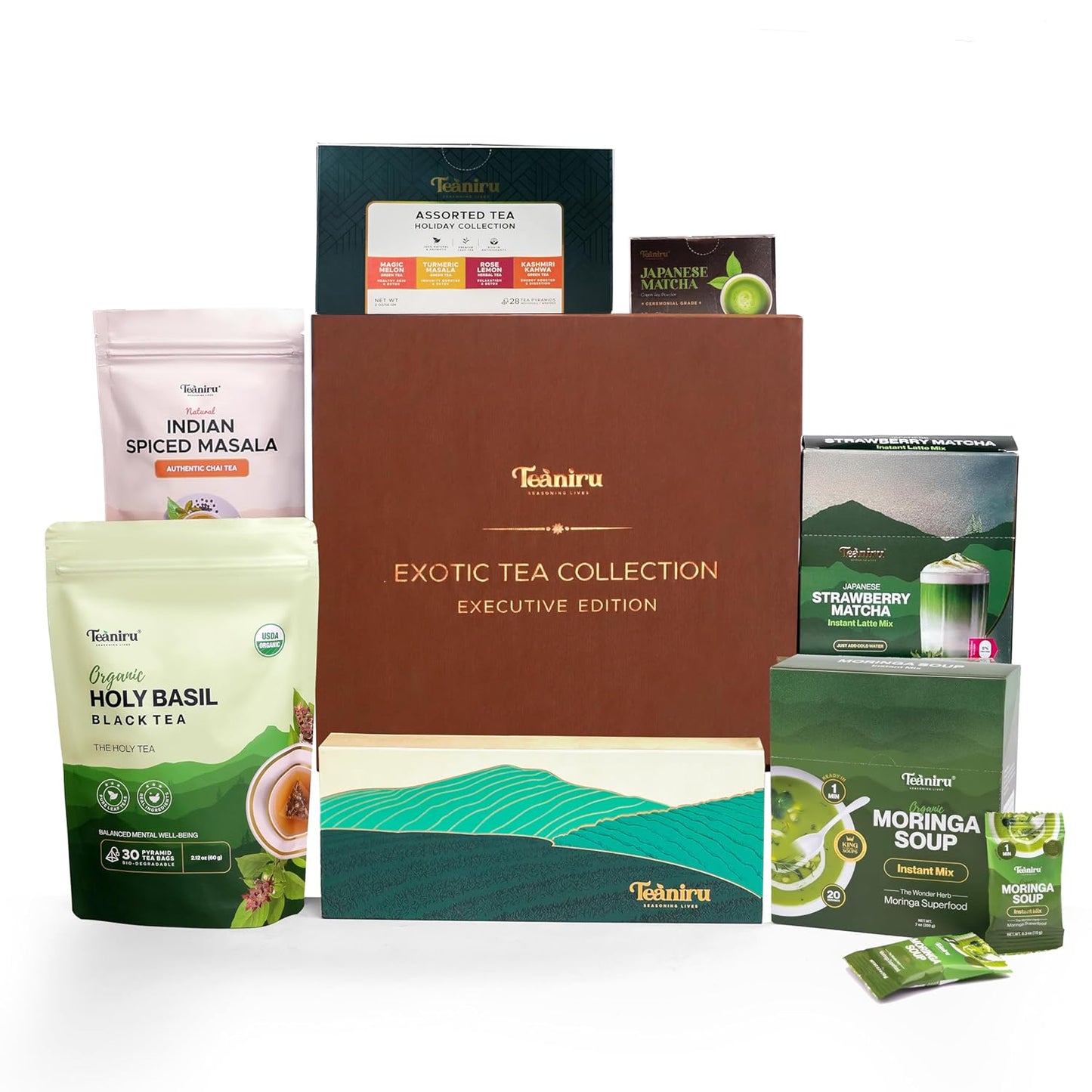 Teaniru, Exotic Collection-Christmas Gift Box | Holiday Flavored Teas, Moringa Soup, Strawberry Matcha Latte, Spiced Masala Chai, Assorted Loose Leaf Teas, Holy Basil Tea & Ceremonial Matcha