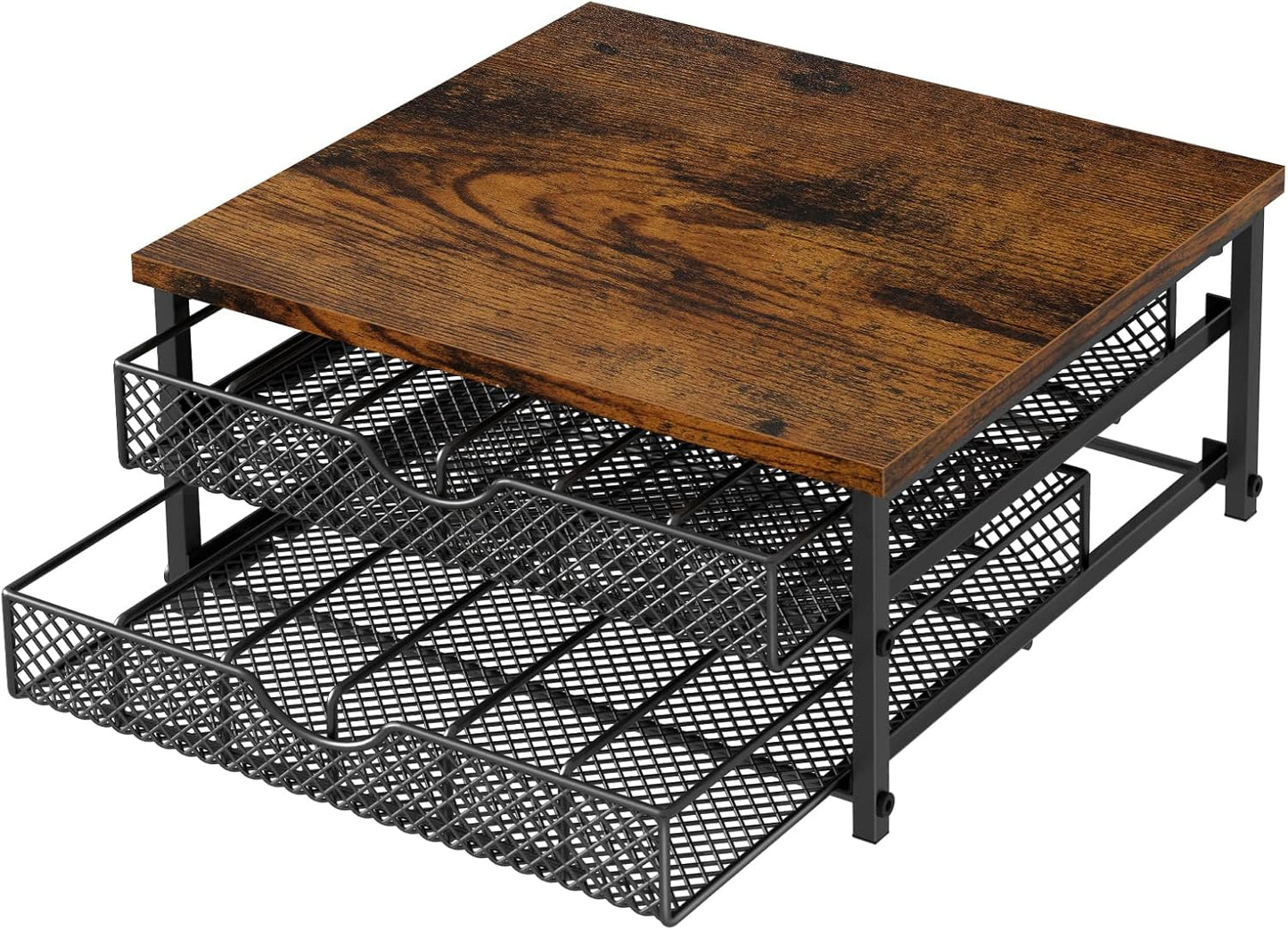 Coffee Pod Drawer K Cups Organizer 2-Tier Coffee Pod Storage Holder with Drawer Baskets 72 Capacity Coffee Capsule Storage Organizer Drawer, Industrial Brown and Black