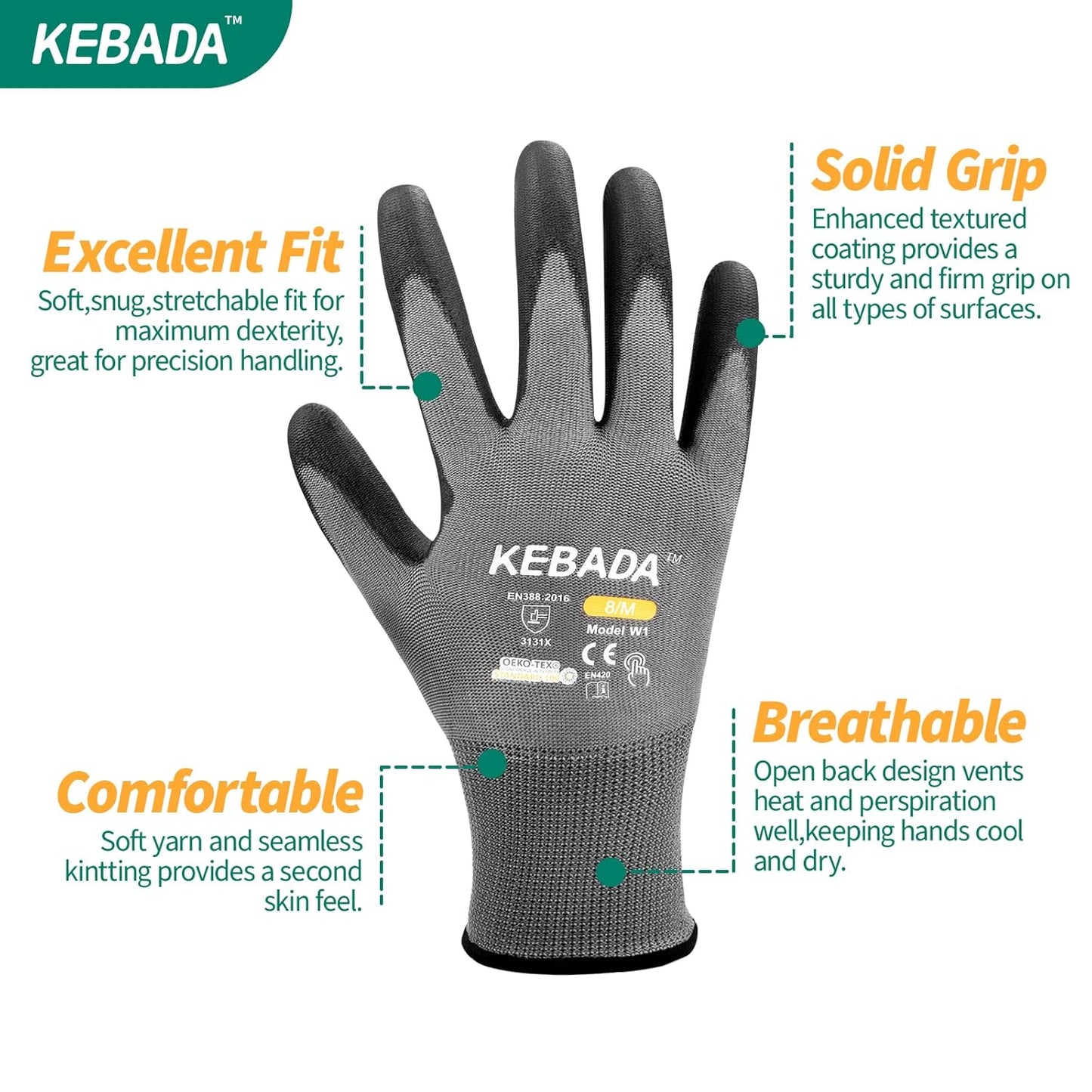 Kebada W1 Work Gloves for Men and Women, Touchscreen PU Coated Gloves with Grip, 50 Pairs Bulk Pack, Ideal for Warehouse Package Handling, Construction, Gardening, Gray Large