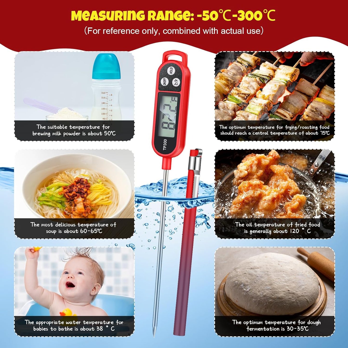 12 Pcs Meat Food Thermometer Food with Probe Water Liquid Instant Read Digital Thermometer Kitchen Cooking Supplies for Cooking BBQ Milk Yogurt (Red)