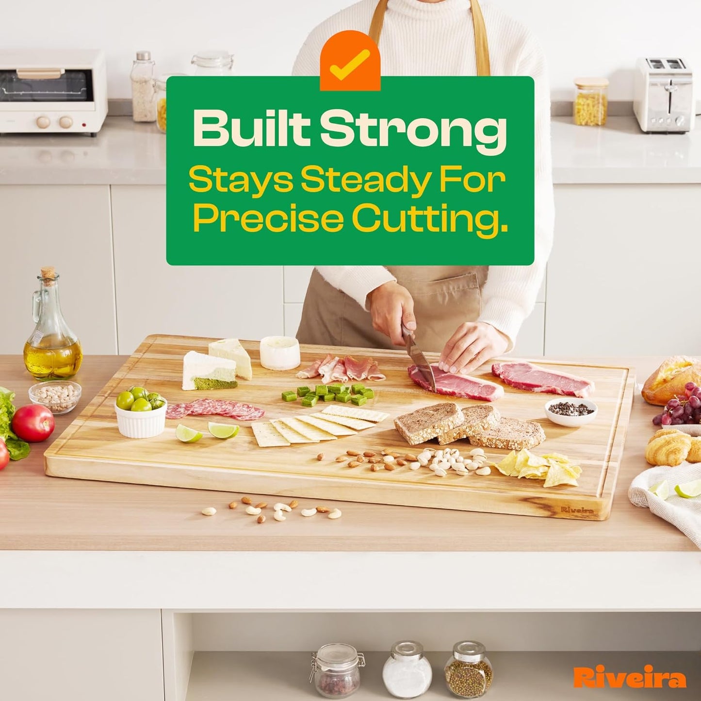 Riveira Teak Wood Cutting Board – Gourmet Teak Grandeur: 36 x 24 Wooden Cutting Board – Natural Wooden Cutting Boards For Kitchen Decorative – Innovative Juice Grooves Teak Wooden Chopping Board