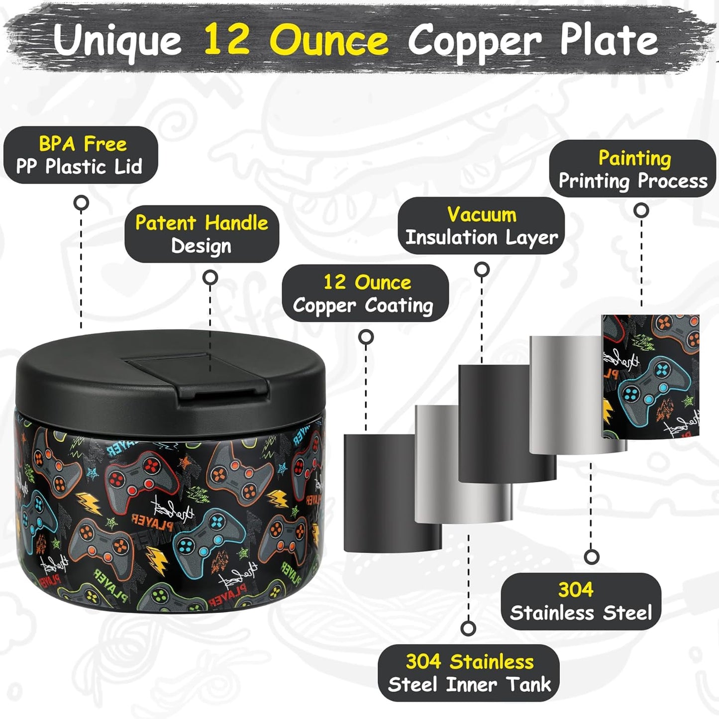 12oz Insulated Vacuum Food Jar with Buckle Lid Wide Mouth Soup Thermo for Hot Food Kids Leakproof Stainless Steel Lunch Container (Black-Game)