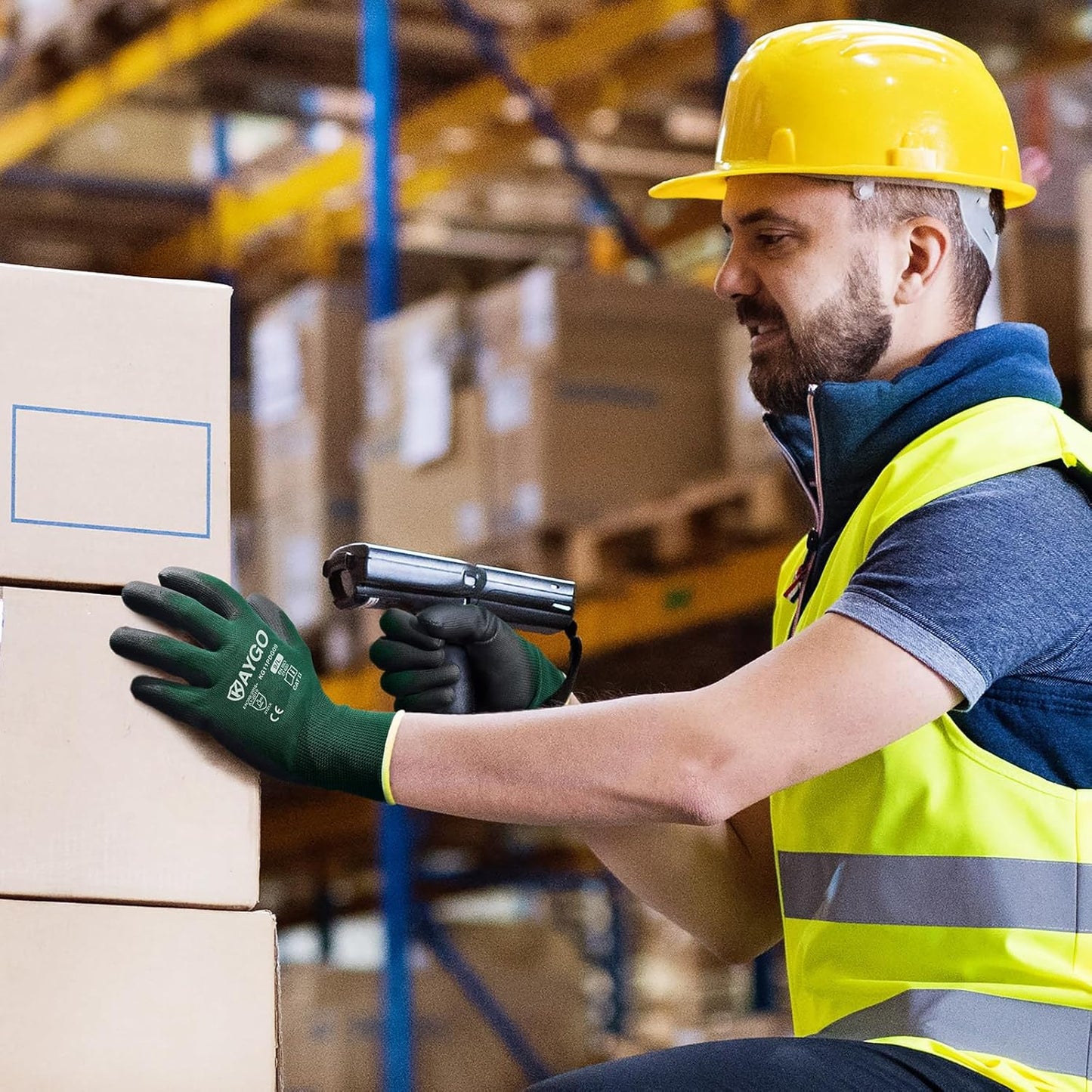 KAYGO Safety Work Gloves PU Coated,12 Pairs KG11PB Seamless Knit Glove for Men and Women, with Smooth Grip on Palm and Fingers, Ideal for General Duty Work (X-Large,Dark Green)