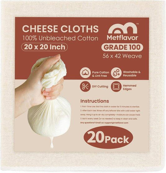 20Pcs Reusable Cheesecloth for Straining 20x20 Inch,100 Grade Cheese Cloths Hemmed Edges, 100% Unbleached Cotton Cheese Cloth,Ultra-Dense Cloth Strainer for Yogurt/Nut Milk/Baking Making 56x42 Weave
