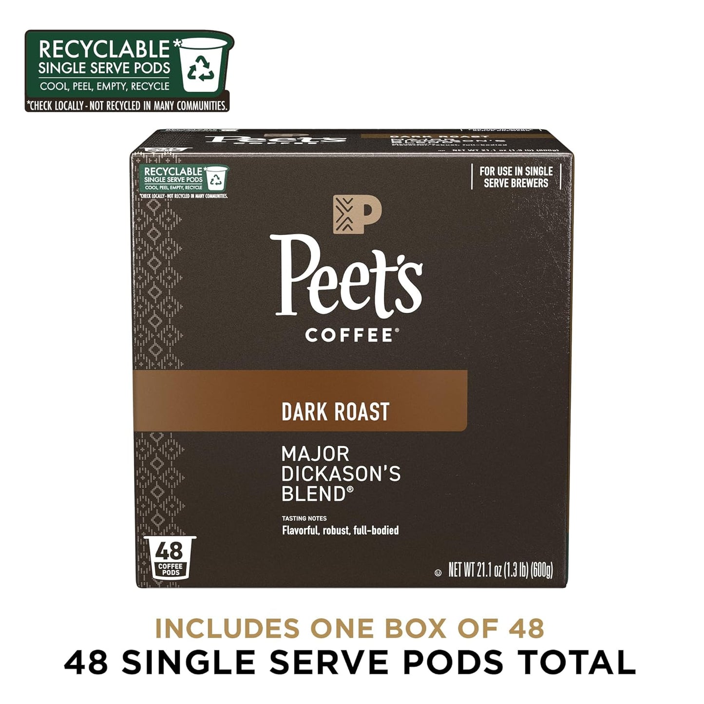 Peet's Coffee, Dark Roast Single Serve Coffee Pods - Major Dickason's Blend 48 Count (1 Box of 48 Pods)