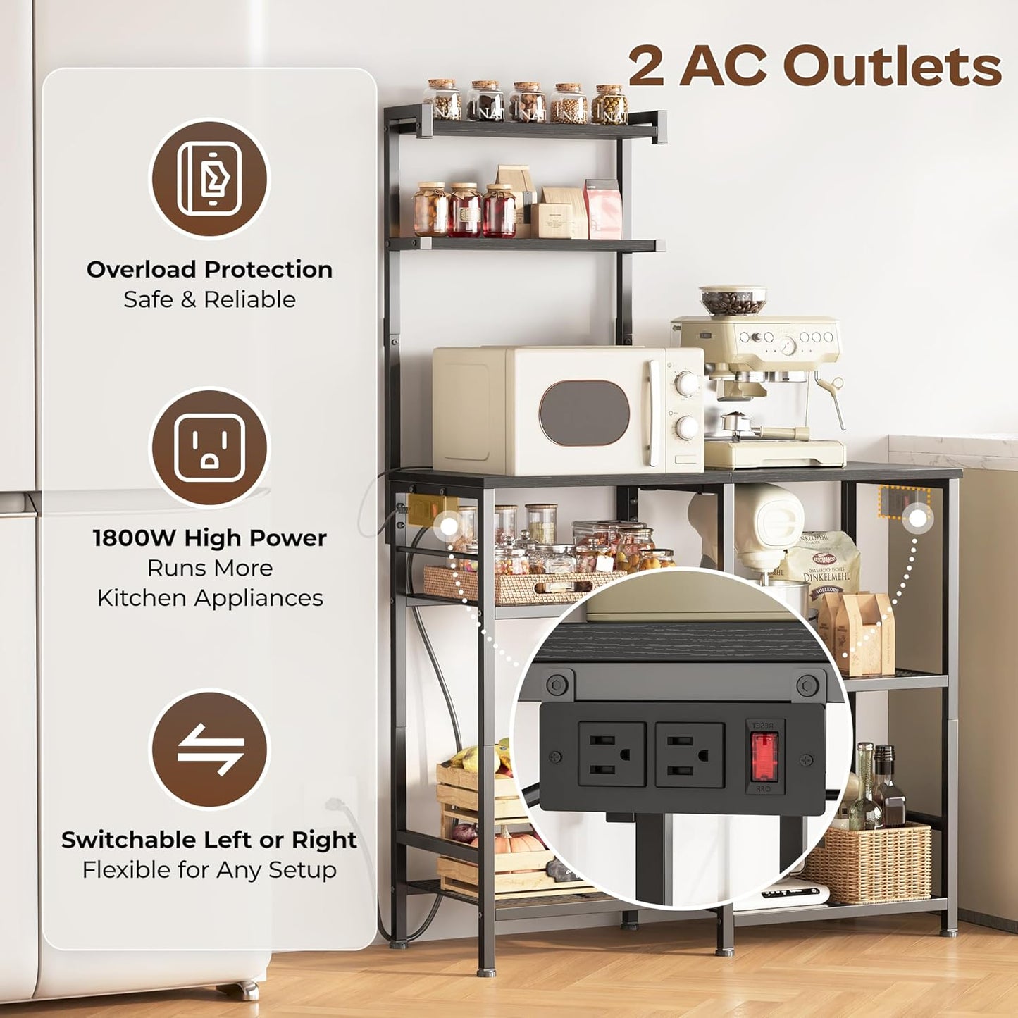 Huuger 31.5 Inch Bakers Rack with Power Outlets, Kitchen Microwave Stand with Storage, Coffee Bar with 4 Hooks, 3-Level Height Open Shelves, Black