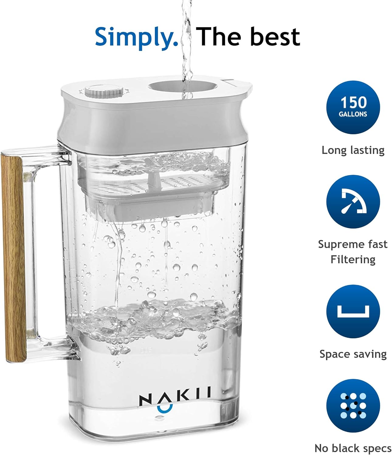 Water Filter Pitcher - Long Lasting 150 Gallons, Supreme Fast Filtration and Purification Technology, Removes Chlorine, Metals for Clean Tasting Drinking Water, WQA Certified,