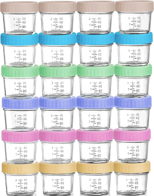 WILLDAN Glass Baby Food Storage Jars w/Lids (4 oz, 24 Pack Set) Snack, Puree, Reusable Small Containers, Breast Milk, Fridge or Freezer, Microwave & Dishwasher Safe, Essential Must Have for Infants