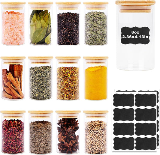 8oz Glass Food Storage Jars, Glass Jars with Bamboo Lids, Kitchen Storage Jars, Set of 12, Canisters with Airtight Lids for Spice, Coffee, Cookie, Pantry Organizers
