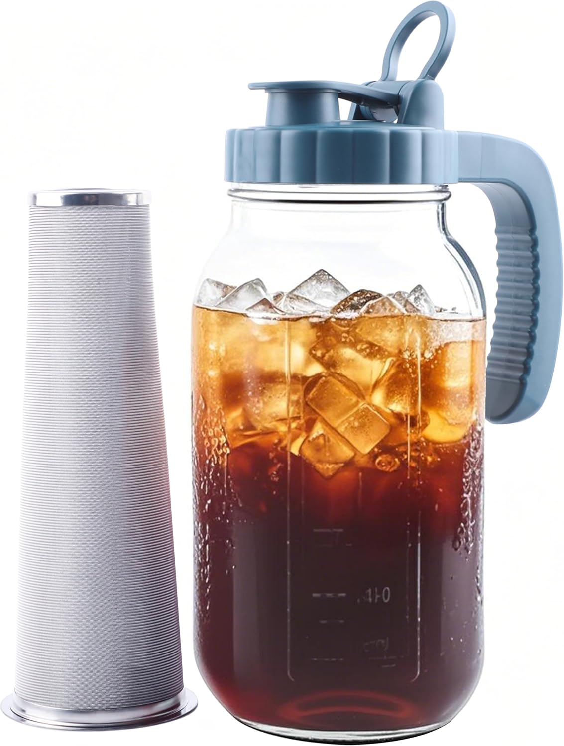 Mason Jar Pitcher With Stainless Steel Filter 64 OZ Wide Mouth Cold Brew Coffee Maker 2 Quart Glass water pitcher with lid Half Gallon Cold hot Tea maker For Lemonade Milk Juice Refrigerator