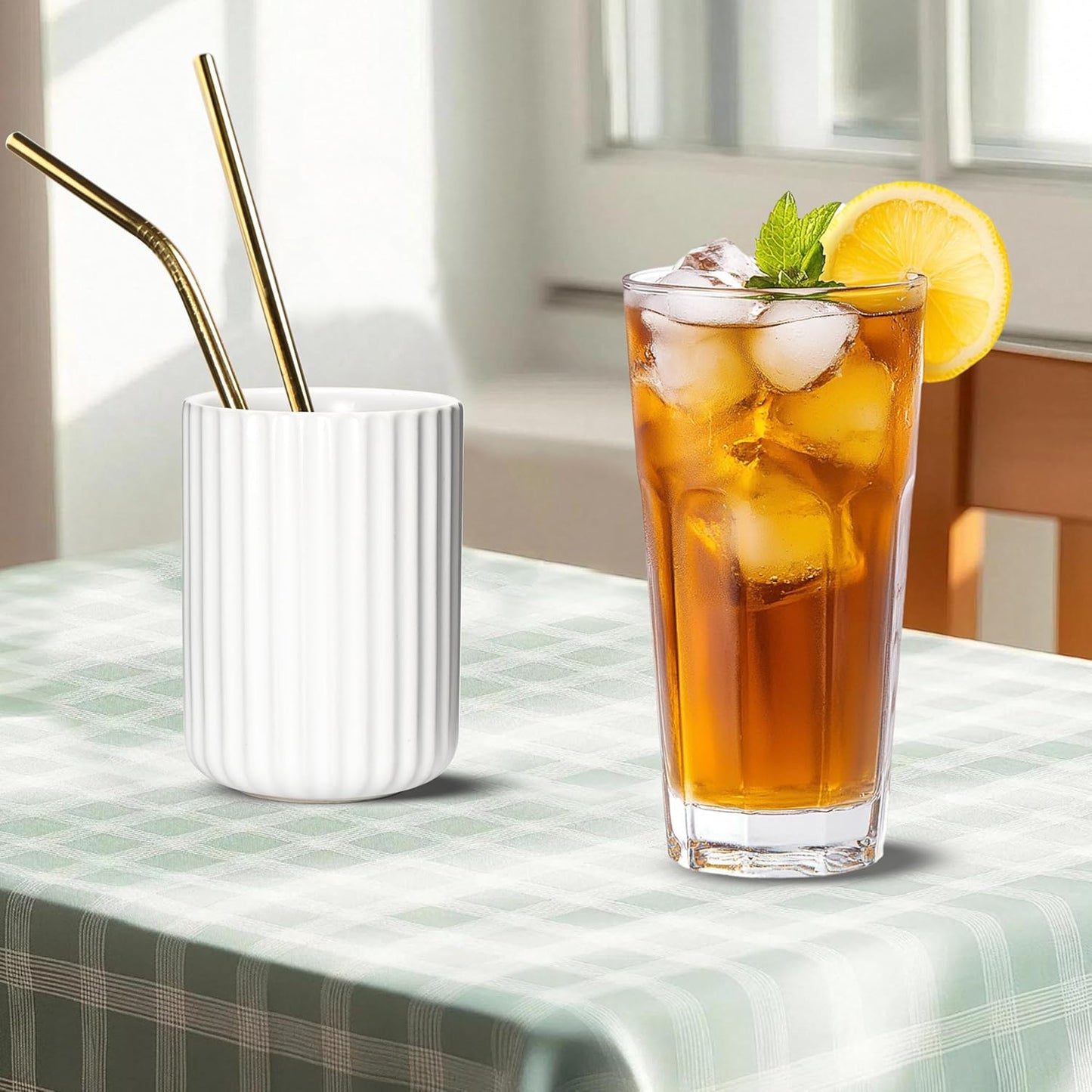 Ceramic Spoon Holder for Coffee Bar, Upright Tea Spoon Holder Cup, Coffee Stirrers Straws Stir Stick Holder, White Fluted Surface