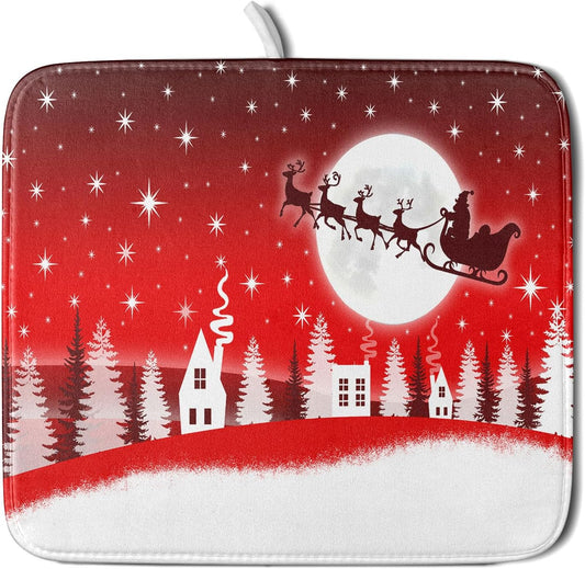 Christmas Reindeer Moon Star Red Dish Drying Mat for Kitchen Counter,White Xmas Tree Castle Drying Mat 16 x 18 Inch with Absorbent Reversible Microfiber Dish Drying Pad for Coffee Bar