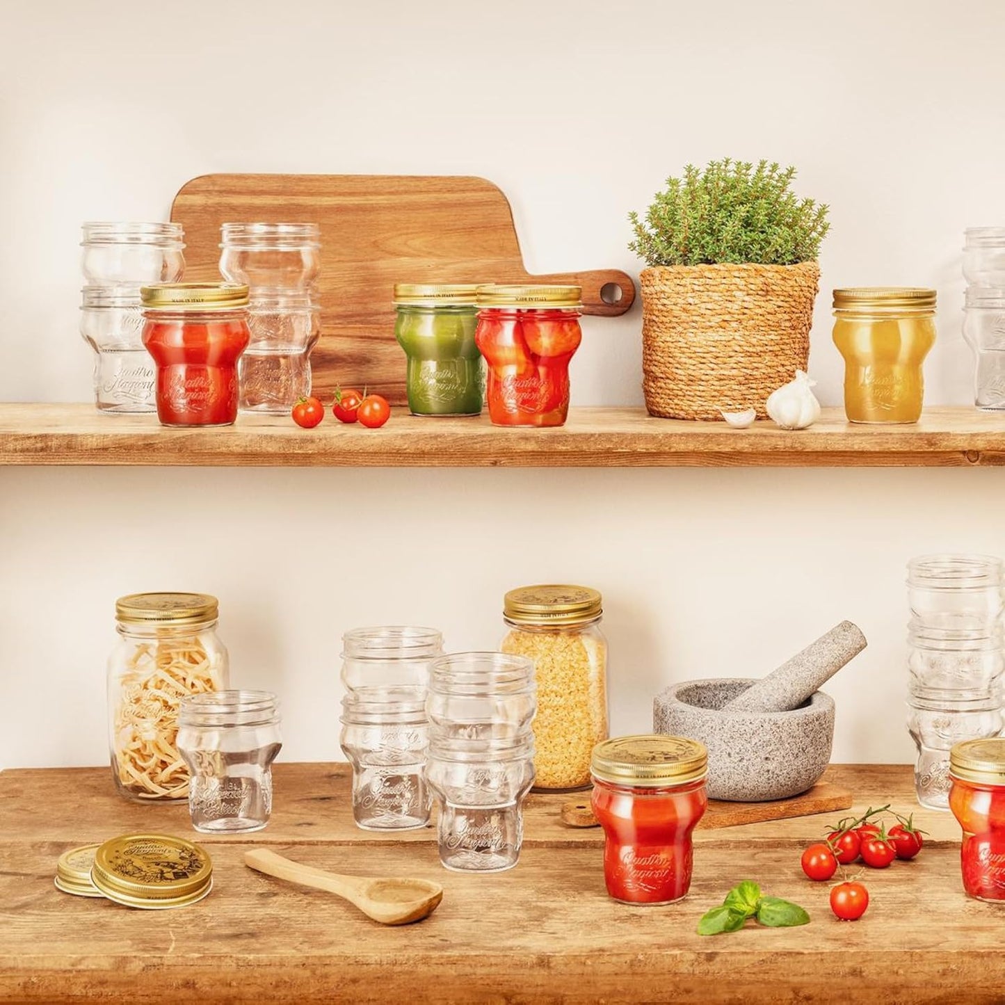 Bormioli Rocco Quattro Stagioni Glass Jars (Set of 6) - 9.25 Oz Stackable Storage Jars with Wide Mouth & Aluminum Lids - Glass Containers for Preserving, Serving, Organizing - Made in Italy