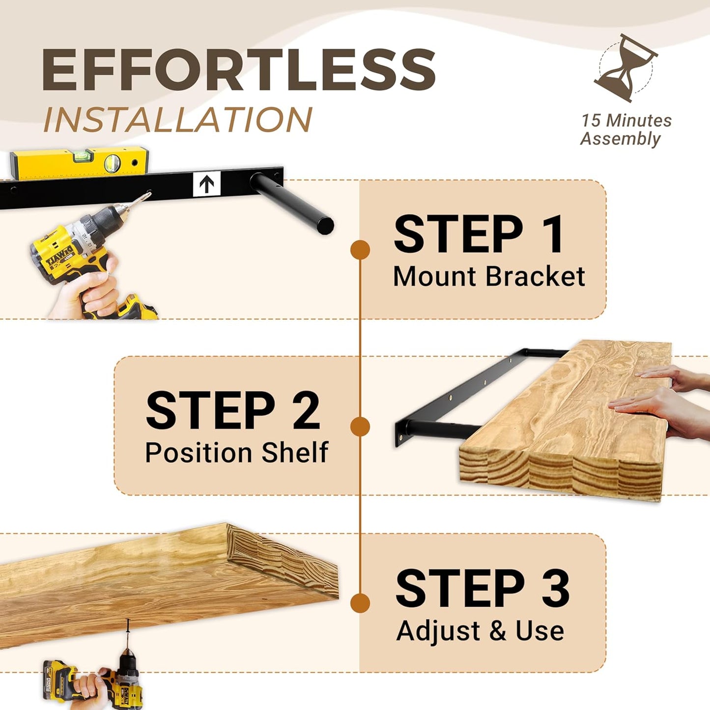 36'' Pine Wood Floating Shelves for Wall- Set of 2 - Rustic Wall Mounted Wooden Shelf for Stylish Home Décor (Dark Brown, 36x6.5x1.25)