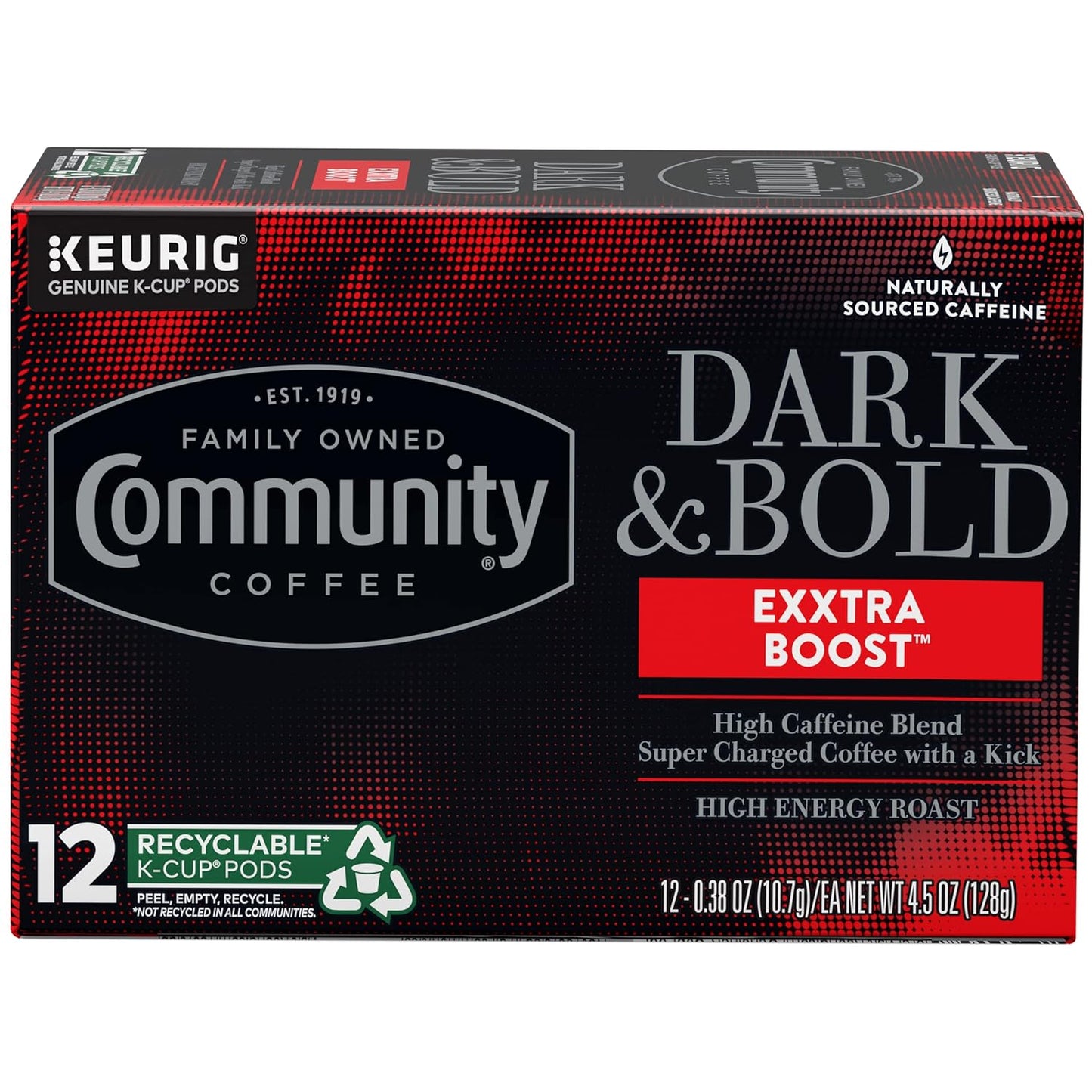 Community Coffee Dark & Bold Exxtra Boost 12 Count Coffee Pods, Compatible with Keurig 2.0 K-Cup Brewers, 12 Count (Pack of 1)