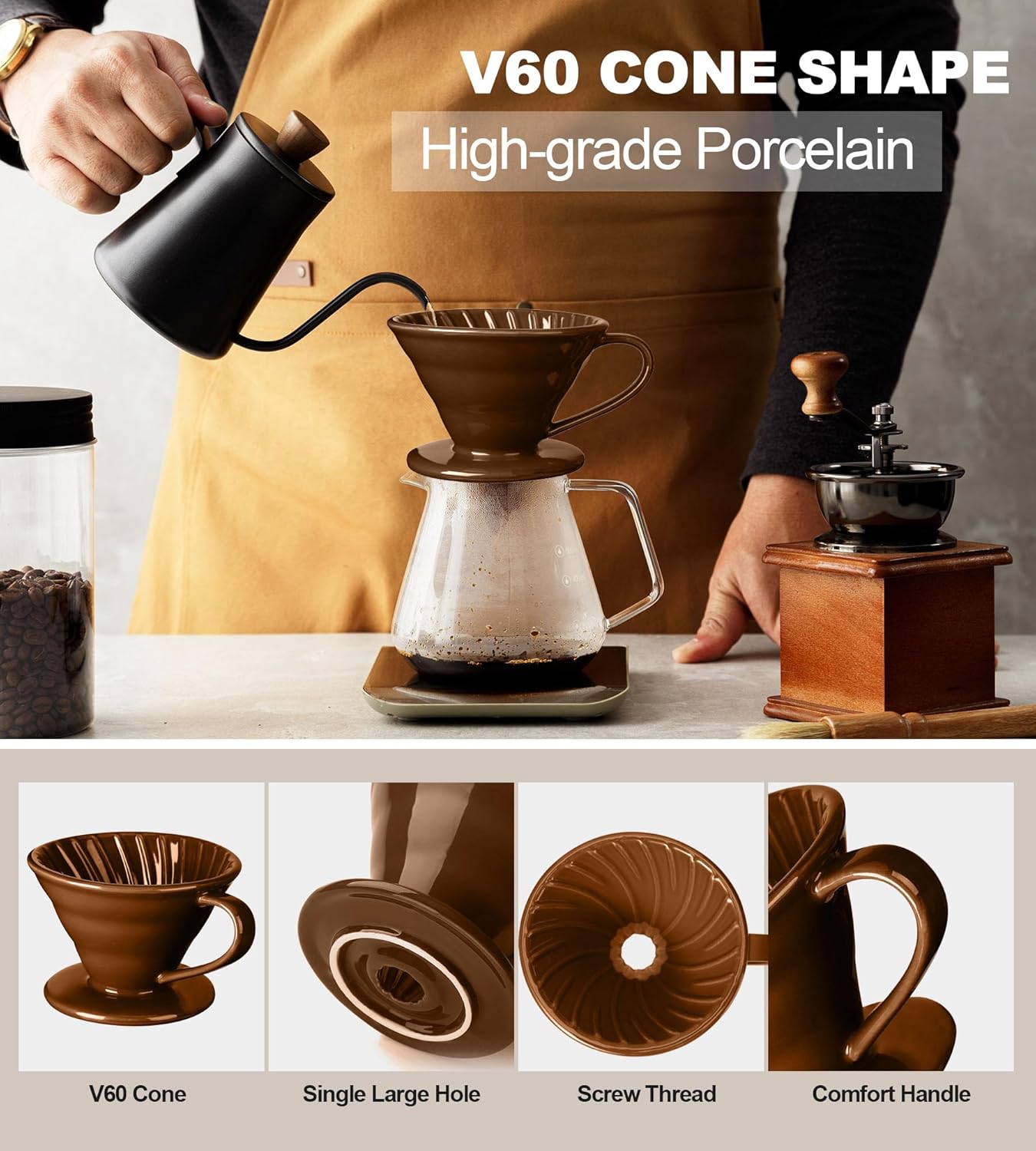 Pour Over Coffee Dripper - Ceramic Pour Over Coffee Maker Cone, Porcelain Coffee Drip, Pour Over Single Cup, Manual Brew Maker for Home, Cafe, Office - 1-4Cup, V60 Size 02 (Brown)