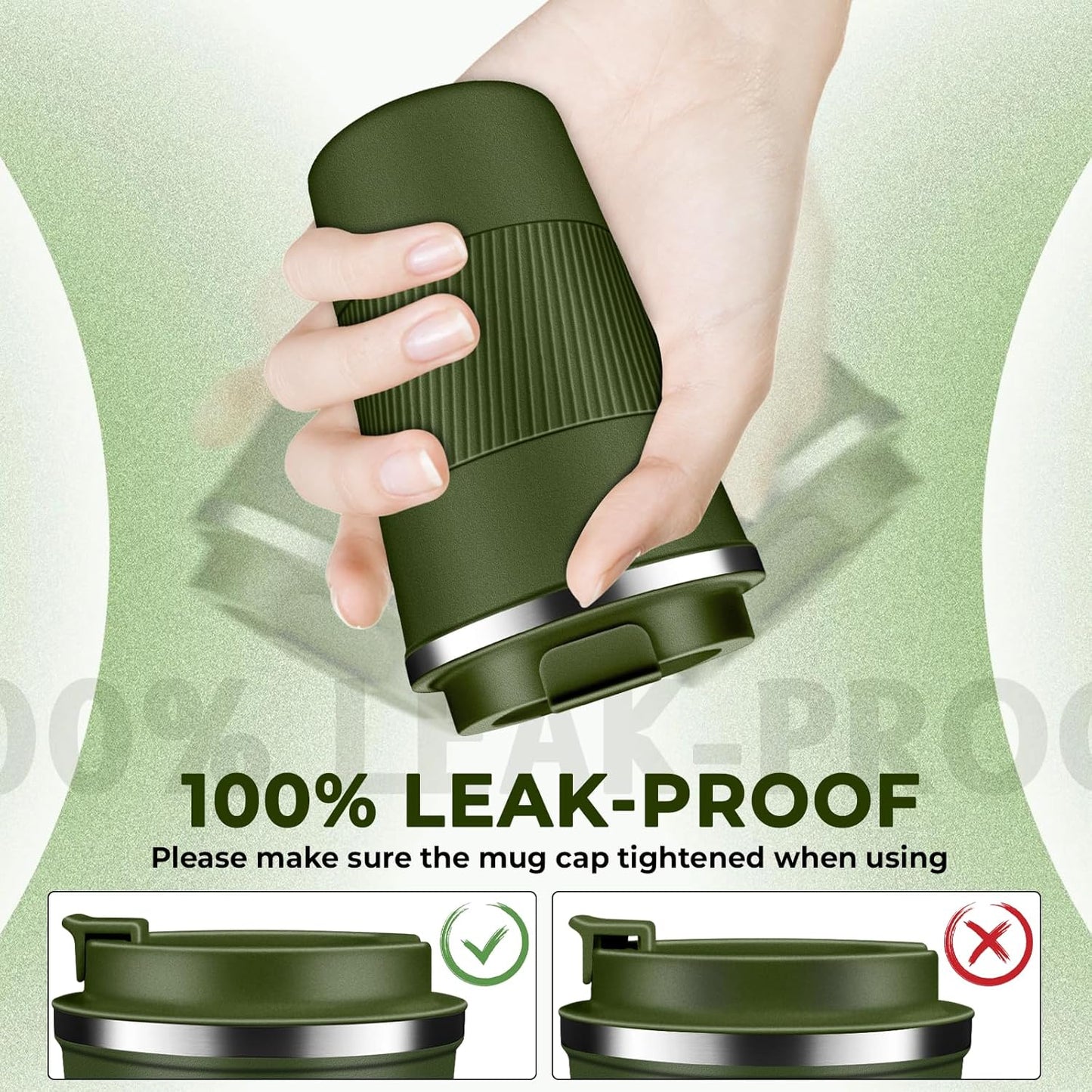 Insulated Coffee Tumbler 17 oz, Stainless Steel Coffee Mug with Lids, Travel Coffee Mug Leak Proof, Double Wall Vacuum Insulated Reusable Coffee Cup, Keep Drinks Hot and Cold, Military Green, 17 Ounce