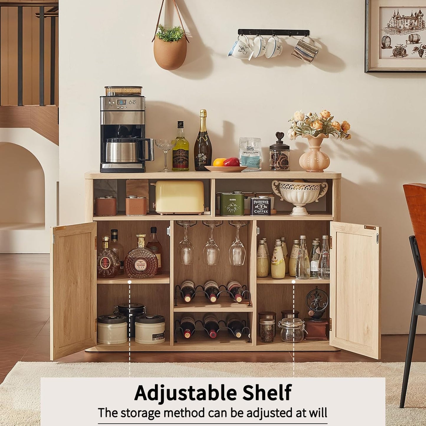 Lerliuo 47.2" Rattan Wine & Liquor Cabinet with 2 Doors, Boho Farmhouse Coffee Bar Station, Built-in Wine Racks & Storage, Adjustable Shelves for Living Room, Dining Room, Kitchen, Natural Wood