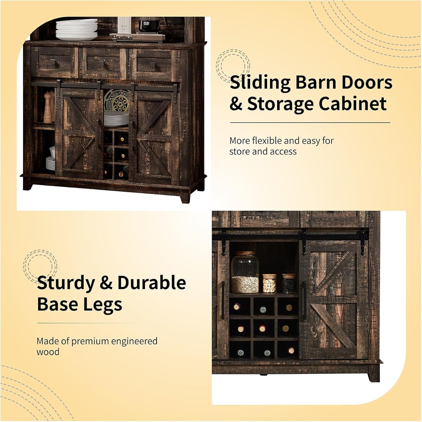 72" Coffee Bar Cabinet with Sliding Barn Door & LED Lights, Sideboard Buffet Cabinet with Wine Bottle Rack, 3 Drawers, Storage Cabinet for Kitchen, Dining Room, Dark Rustic Oak, DBC20B