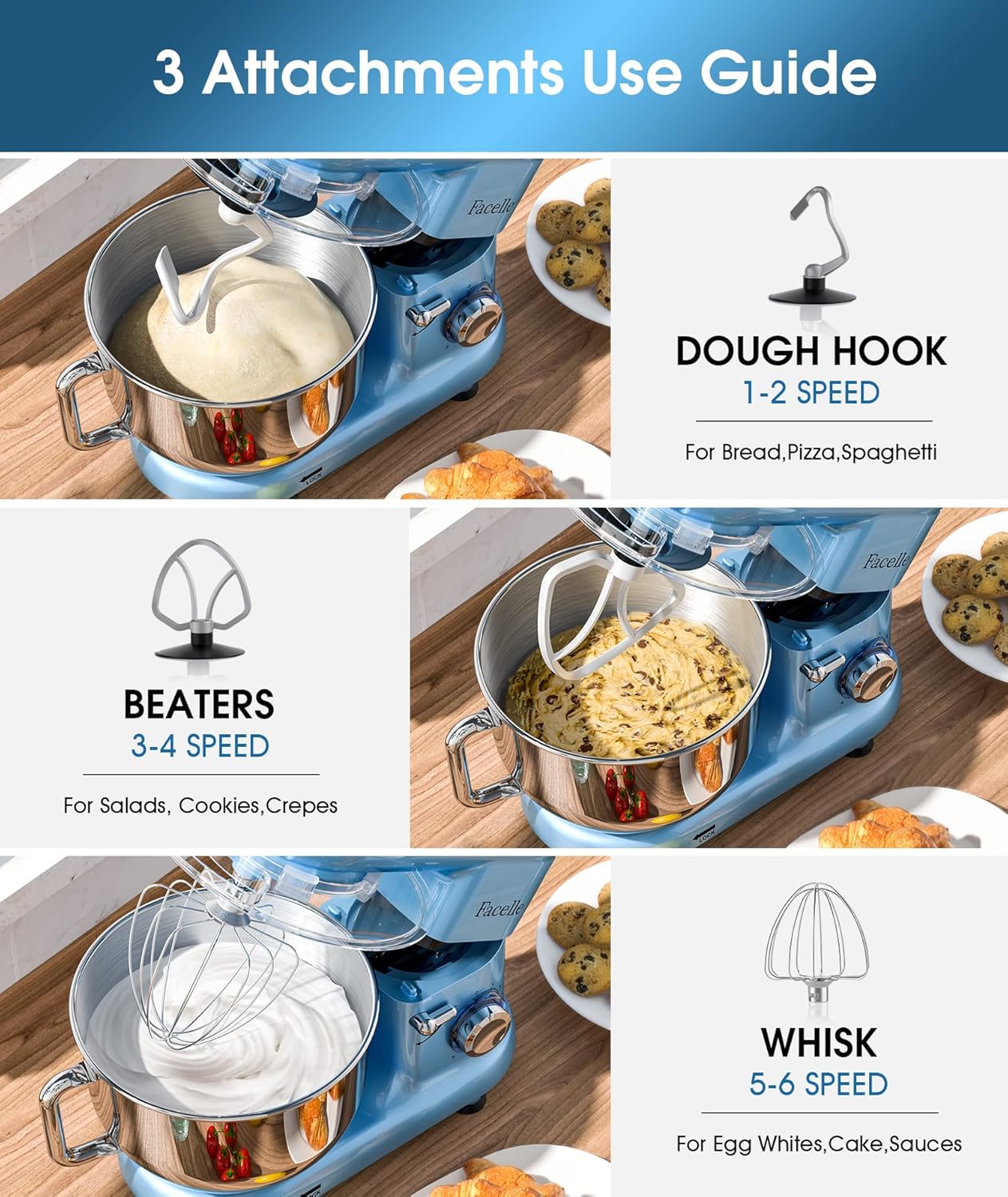 Facelle Stand Mixer, Electric Kitchen Mixer, 660W 6 Speed Tilt-Head stand mixer with Pulse, Attachments include 6.5QT Bowl, Dishwasher Safe Beater,Dough Hook,Whisk for Dough,Baking,Cakes,Cookie - Blue