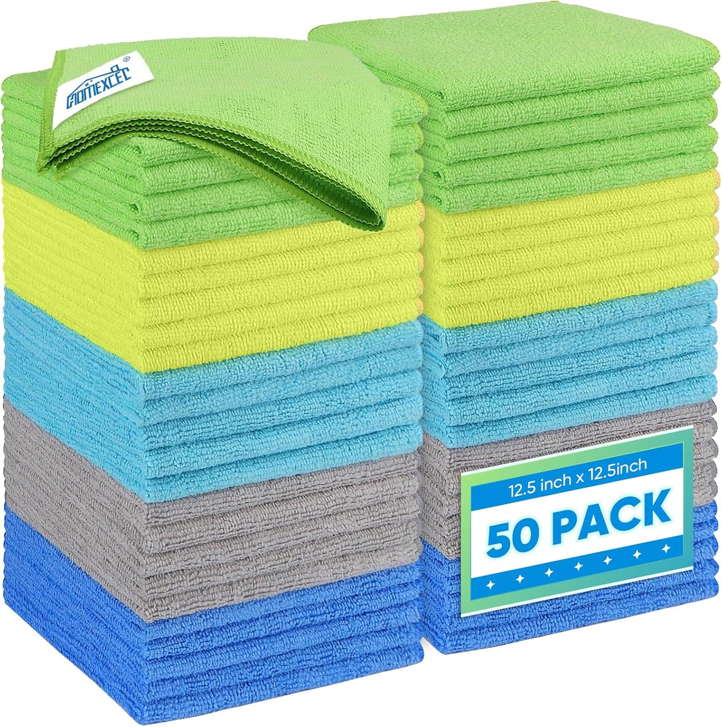 HOMEXCEL Microfiber Cleaning Cloth 50 Pack, 12.5 x 12.5 inch Microfiber Towels for Cars, Ultra Absorbent Car Washing Cloth, Lint Free Streak Free Cleaning Rags for Car, Kitchen, and Window, Multicolor