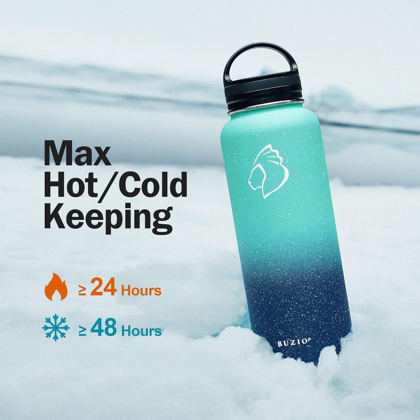 BUZIO 40 oz Water Bottle Insulated with Straw & 3 lid and Carrying Pouch, Leak Proof Anti-Slip Stainless Steel Water Flask Jug, Cold for 48 Hrs Double Vacuum Thermo Canteen, BPA-Free, Starry Pacific