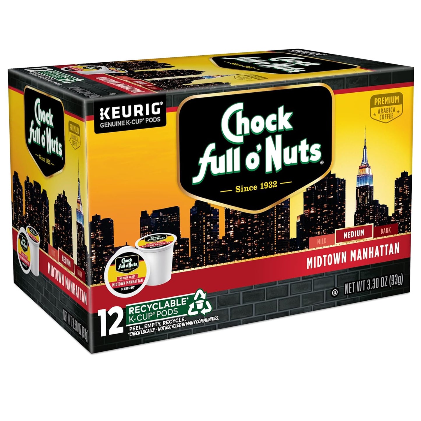 Chock Full o'Nuts Midtown Manhattan Coffee, Compatible with Keurig K-Cup Pods, 12 CT (Pack of 6)