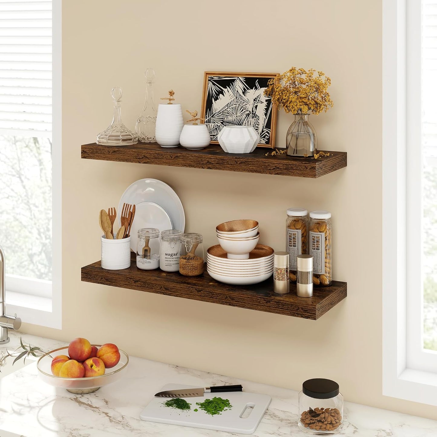 30 Inch Floating Shelves, 9.3" Deep Floating Shelf Wall Mounted, 30" Wall Shelves, Rustic Deep Bookshelf, Large Display Shelves & Storage Shelves for Bedroom, Living Room, Brown, Set of 2