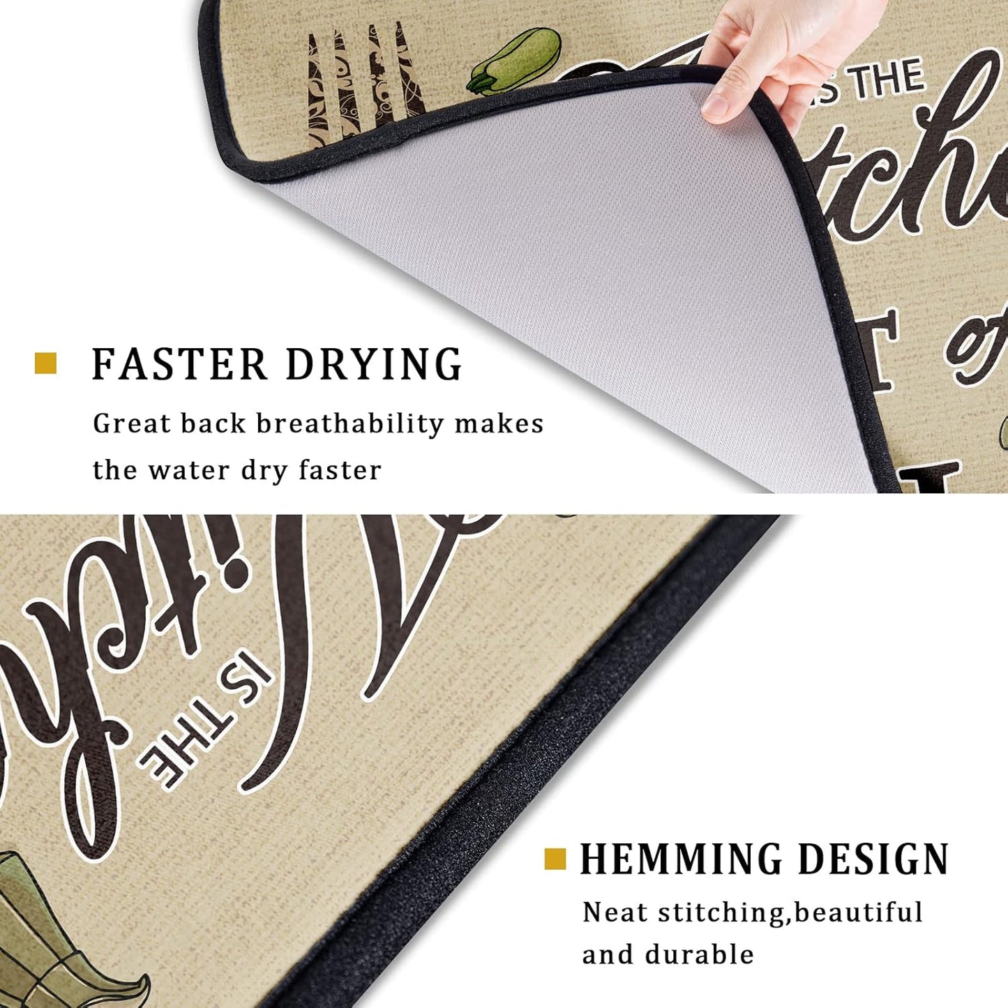 Dish Drying Mat The Kitchen is The Heart of The Home, 18x24 inch Large Absorbent Farmhouse Vintage Coffee Cooking Set Drainer Mat Dish Pad Protector for Countertops Home Office Cafe Accessory