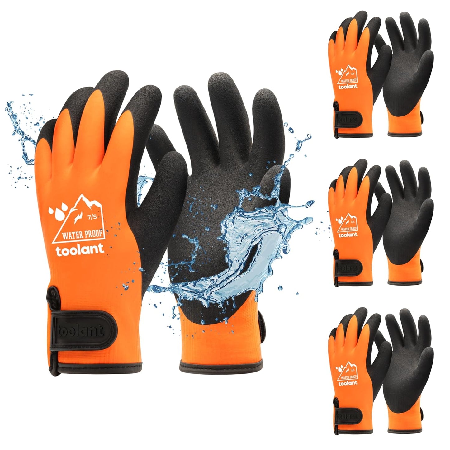 toolant 100% Waterproof Gloves Bulk Pack, 3 Pairs, Winter Work Gloves for Cold Weather, Touchsreen, Warm Freezer Gloves, Thermal Insulated, With Grip, Orange, Small
