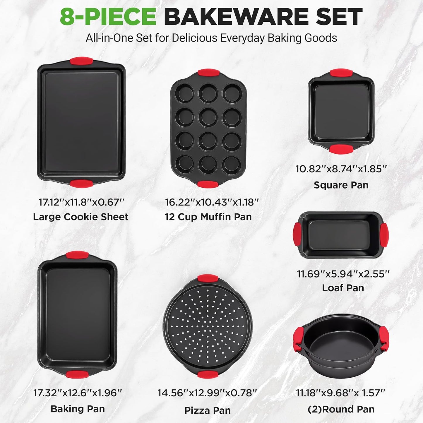 NutriChef Non-Stick Kitchen Oven Baking Pans-Deluxe & Stylish Nonstick Gray Coating Inside Outside, Commercial Grade Restaurant Quality Metal Bakeware with Red Silicone Handles NCSBS8S, 8 Piece Set