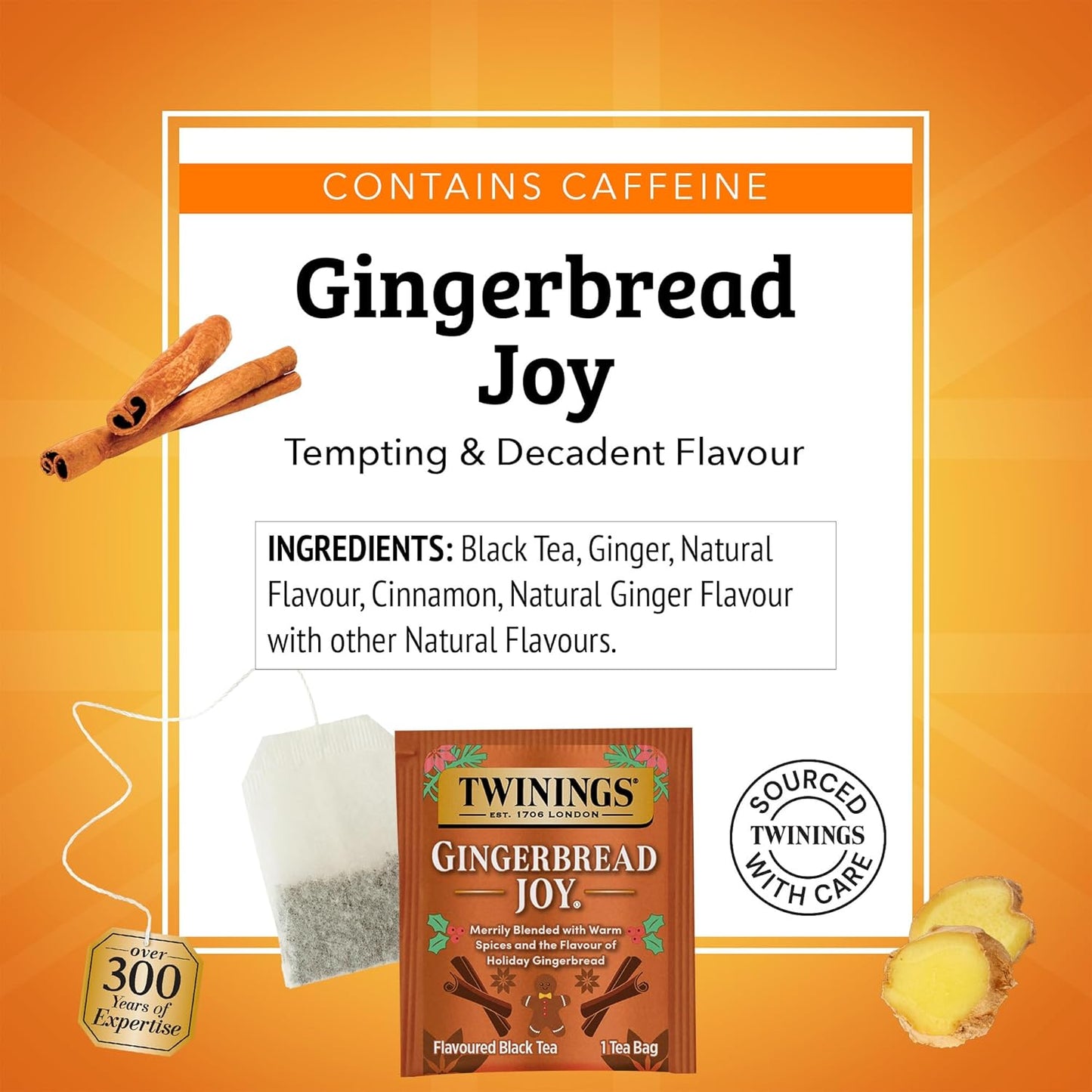 Twinings Gingerbread Joy Black Tea Individually Wrapped Bags, 20 Count (Pack of 6), Ginger & Cinnamon, Caffeinated, Enjoy Hot or Iced, 120 Teabags