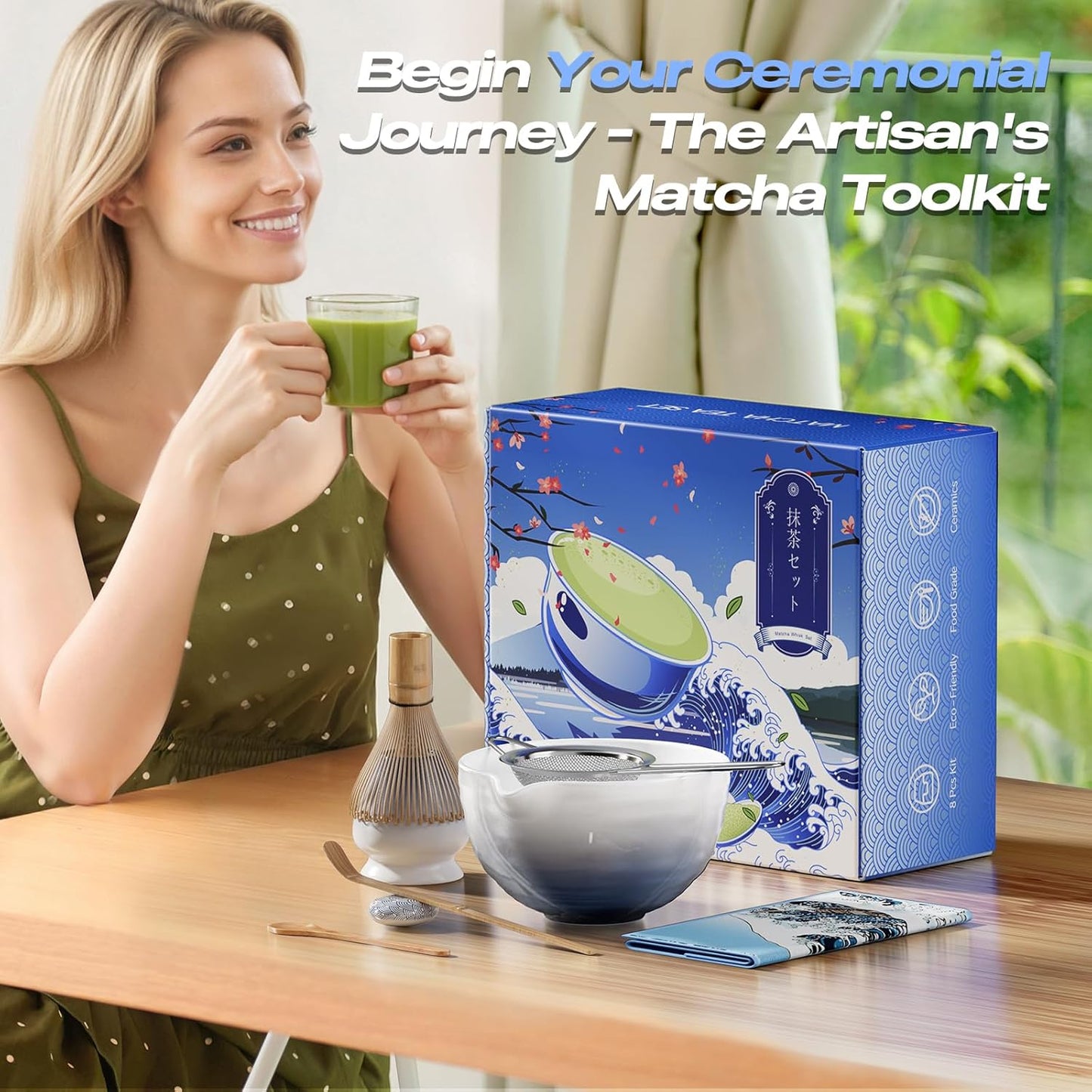 Matcha Whisk Set - 8 Pcs Tea Set with Bamboo Whisk and Holder, Ceramic Bowl, Bamboo Scoop and Spoon,Scoop Rest, Sifter & Tea Towel, Japanese Home Matcha Kit for Authentic Ceremony (Blue)