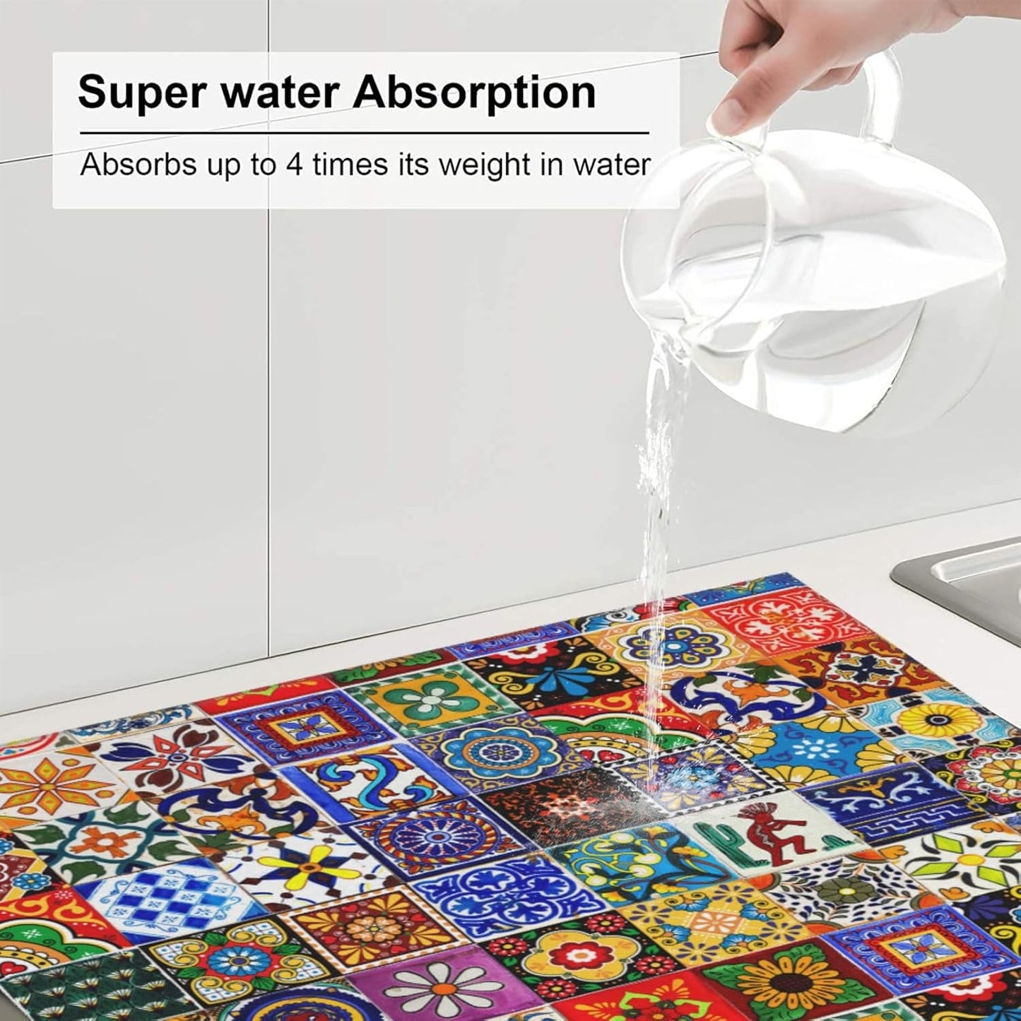 Bohemian Chic Floral Dish Drying Mat, Highly Absorbent Microfiber Kitchen Counter Pad Reusable Washable, 16*18"