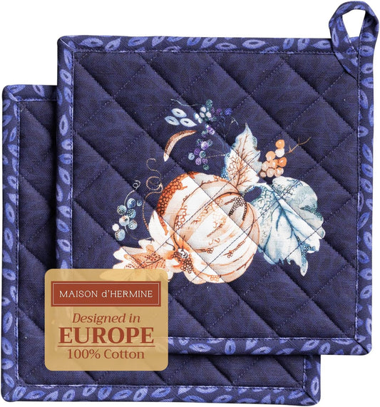 Maison d' Hermine Pot Holders Set 100% Cotton Heat Resistant Potholders 8" x 8" Hot Pads with Loop BBQ, Cooking, Baking, Grilling, Kitchen, Handling Hot Pans (Pack of 2, Pumpkin Blues)