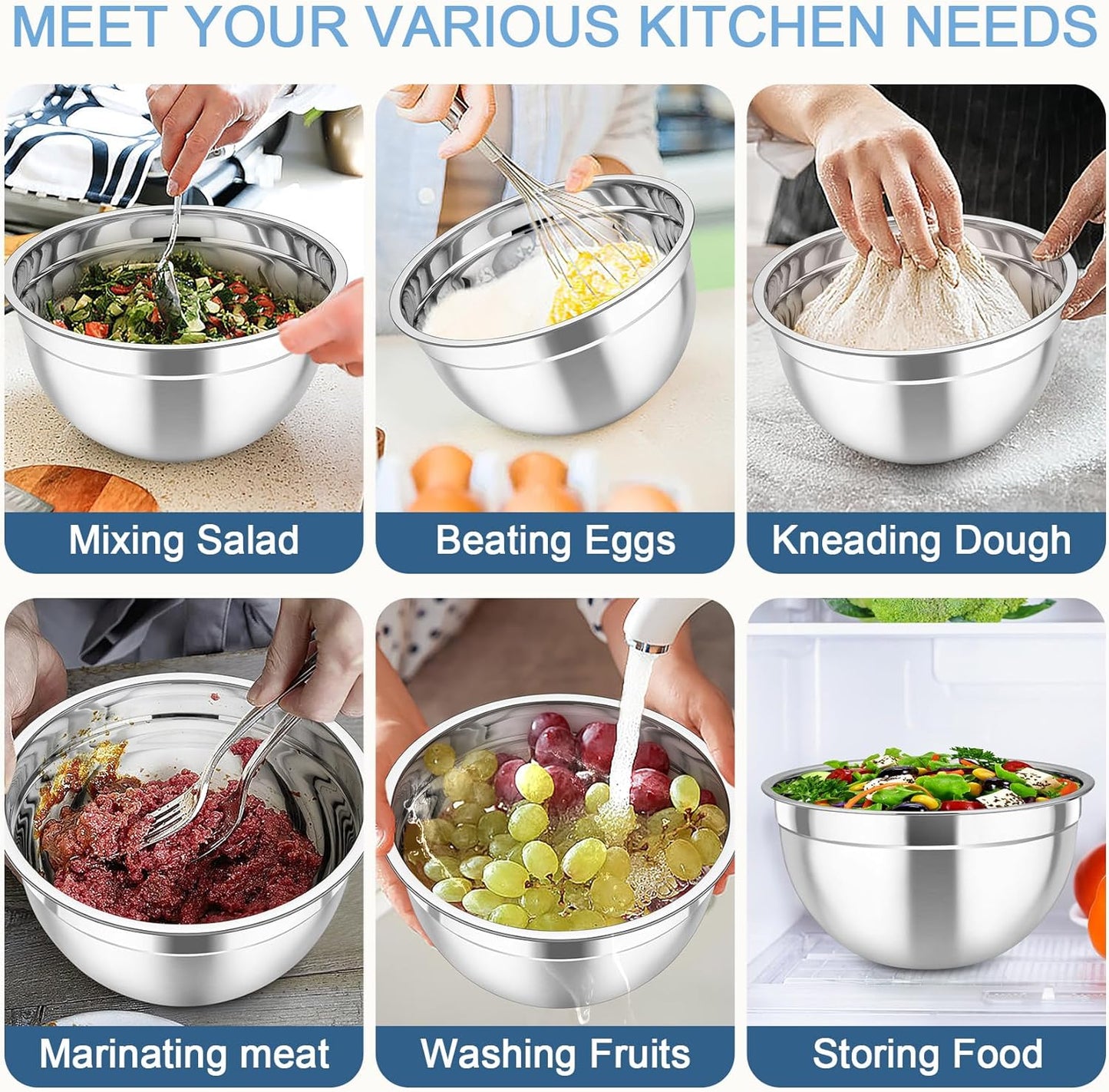 TeamFar Mixing Bowls with Lids, 5PCS Stainless Steel Metal Salad Bowl with 3 Grater Attachments, for Cooking, Prepping, Serving, Healthy, Airtight Lids & Easy Clean - 0.7/1 / 1.5/2.6/4.6QT