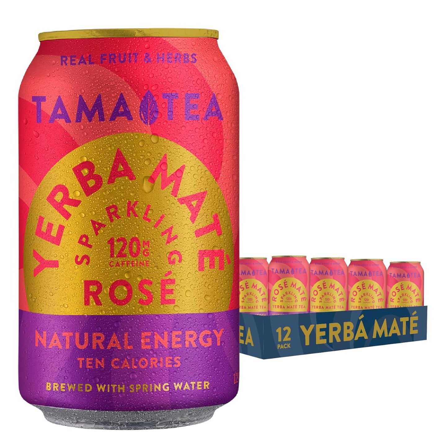 Sparkling Rose Yerba Mate by Tama Tea - Unsweetened Natural Energy Drink with Real Fruit & Herbs - Healthy Caffeine Drink Alternative - 120mg of Brain-Boosting Caffeine, 10 Calories - 12oz Pack of 12