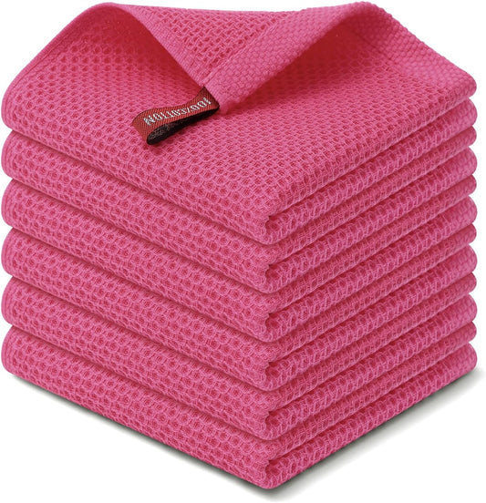 Kitinjoy 100% Cotton Kitchen Dish Cloths, 6 Pack Waffle Weave Ultra Soft Absorbent Dish Towels for Drying Dishes Quick Drying Kitchen Towels Dish Rags, 12 X 12 Inches, Hot Pink