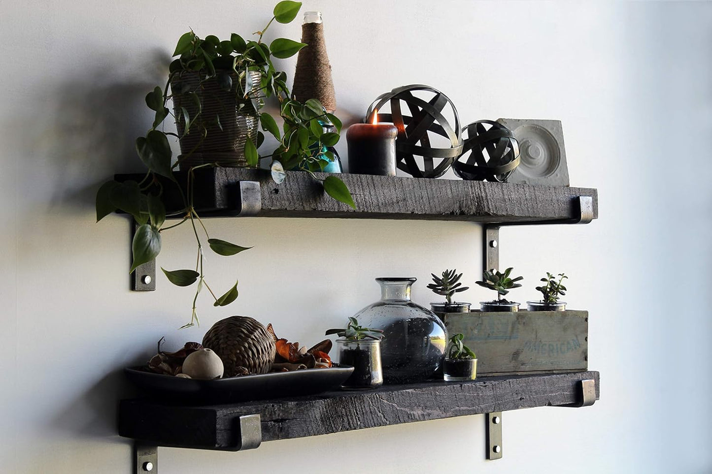 Urban Legacy Accent Shelves | Reclaimed Barn Plank | Set of 2 with Full Brackets (Coffee Bean 48"x 7"x 2")