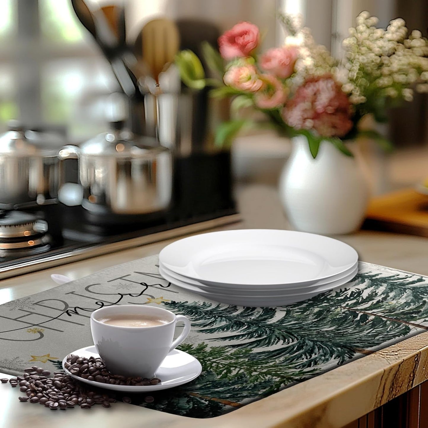 Merry Christma Trees Dish Drying Mat Winter Forest Large Kitchen Mats Dish Drying Pad Xmas Snow Absorbent Dish Dryer Mat for Kitchen Countertops Microfiber Drainer Pad Dish Drying Mats (18x24 in)