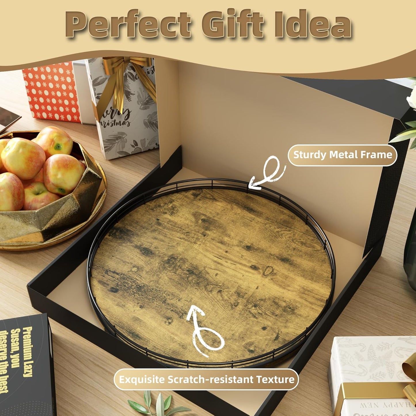 Lazy Susan Turntable Organizer for Table Top, 16’’ Round Wooden Lazy Susan for Cabinet Kitchen Countertop Pantry Dining Coffee Table for Condiments Spices, Rustic Bathroom Vanity Tray for Soap Candle