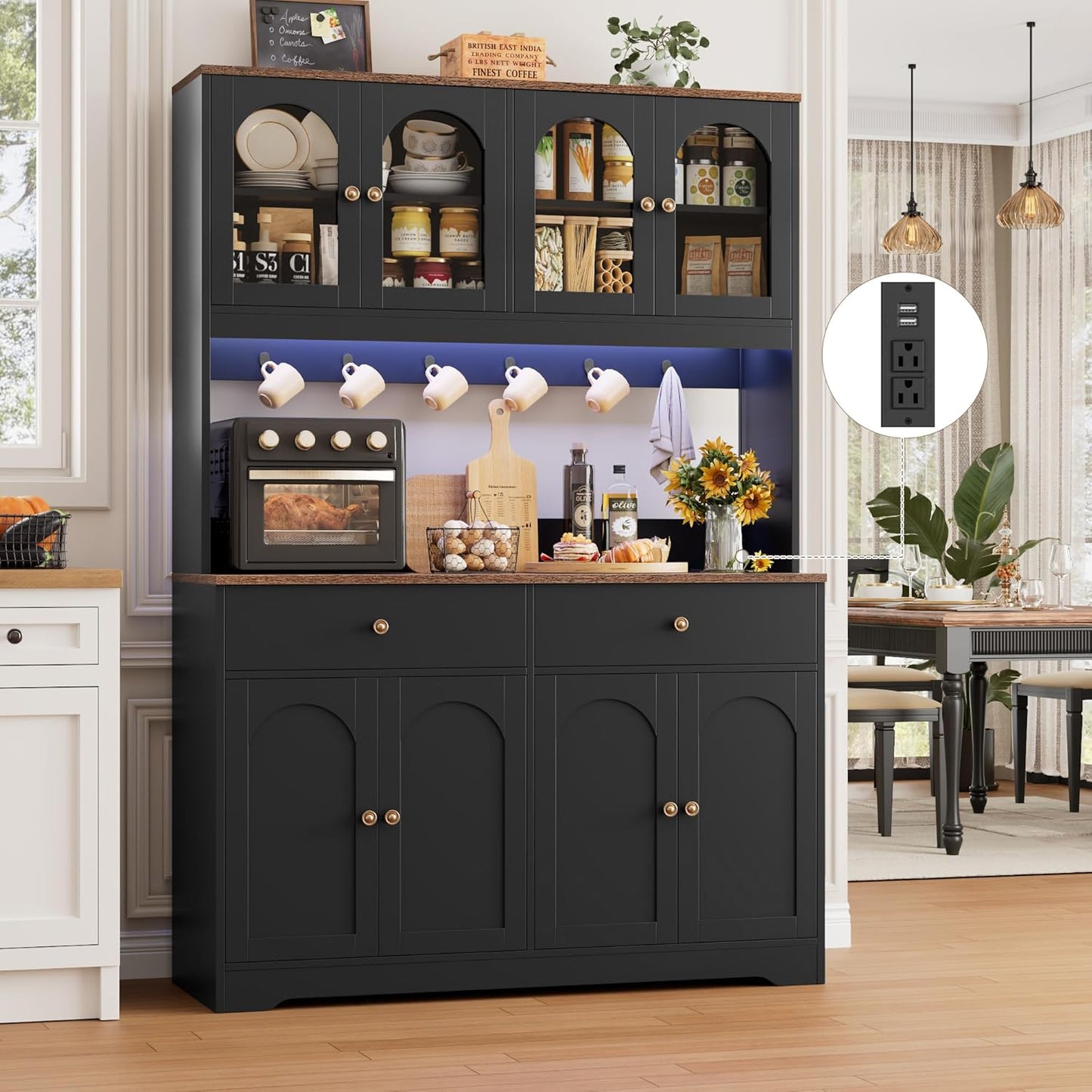 HIFIT 71" LED Kitchen Pantry Cabinet with Power Outlet, Large Kitchen Hutch Storage Cabinet with Arched Door & Shelves & 2 Drawers, Tall Farmhouse Coffee Bar w/Hutch for Home Dining Living Room, Black